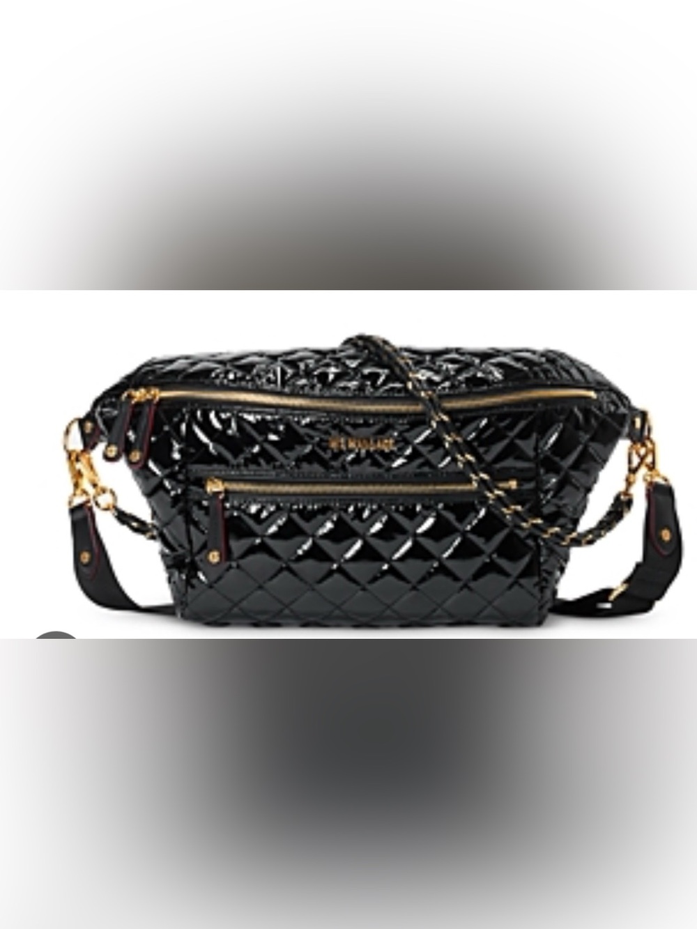 MZ Wallace $325 black lacquer & gold large Crosby sling bag
